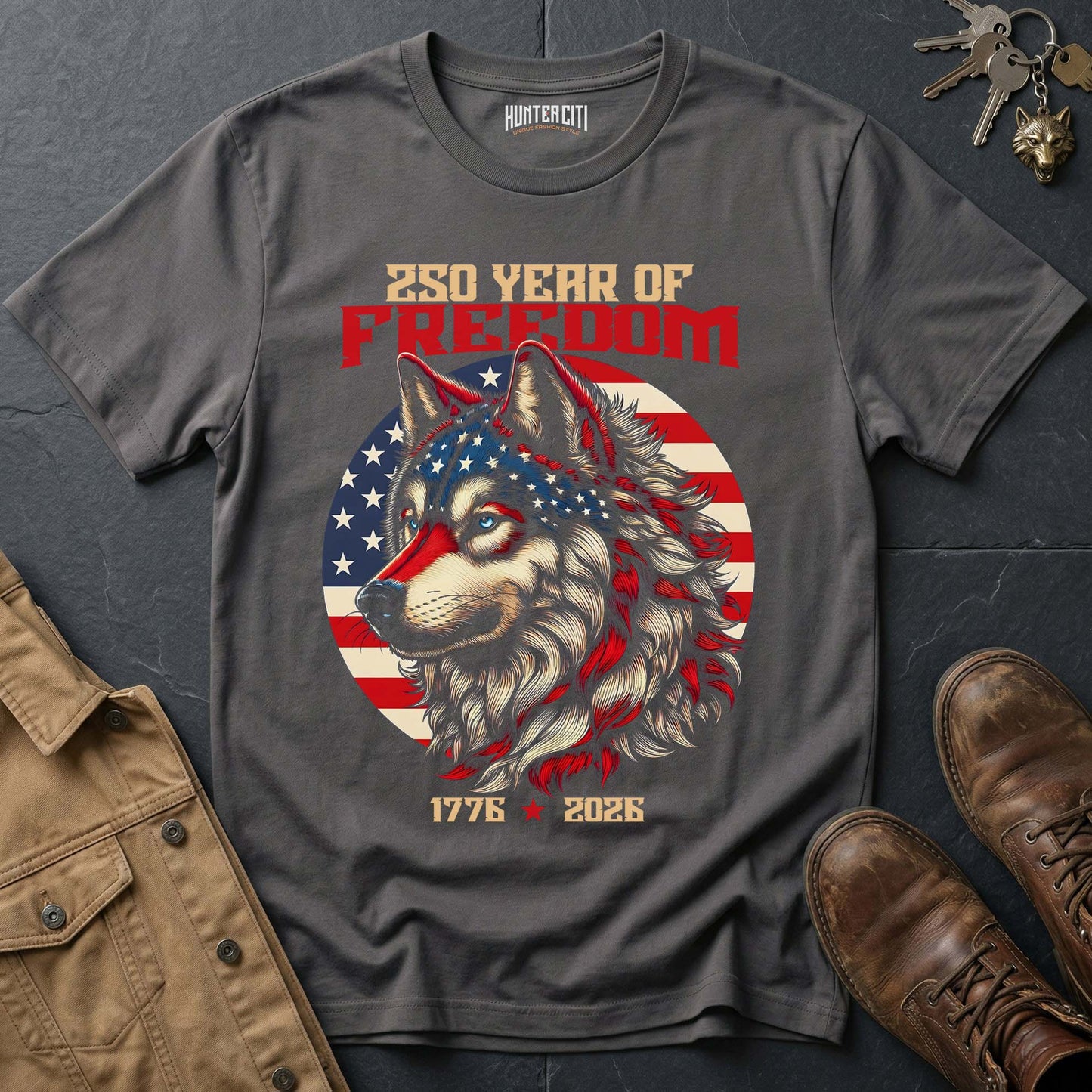 250 Years of Freedom Wolf T-Shirt 1776 2026 American Flag Wolf Face Patriotic Graphic Tee Anniversary USA Gift