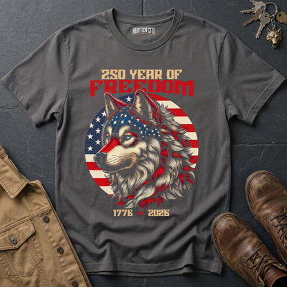250 Years of Freedom Wolf T-Shirt 1776 2026 American Flag Wolf Face Patriotic Graphic Tee Anniversary USA Gift