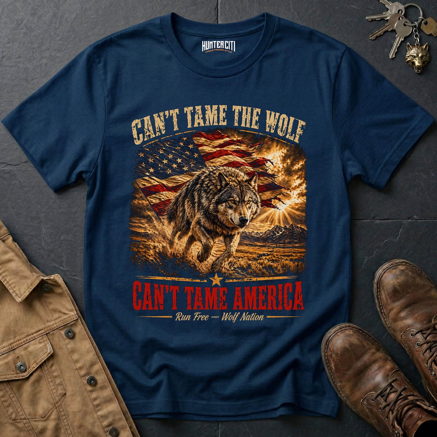 Can't Tame the Wolf Can't Tame America T-Shirt — Patriotic Running Wolf Graphic Tee USA Freedom Gift for Men