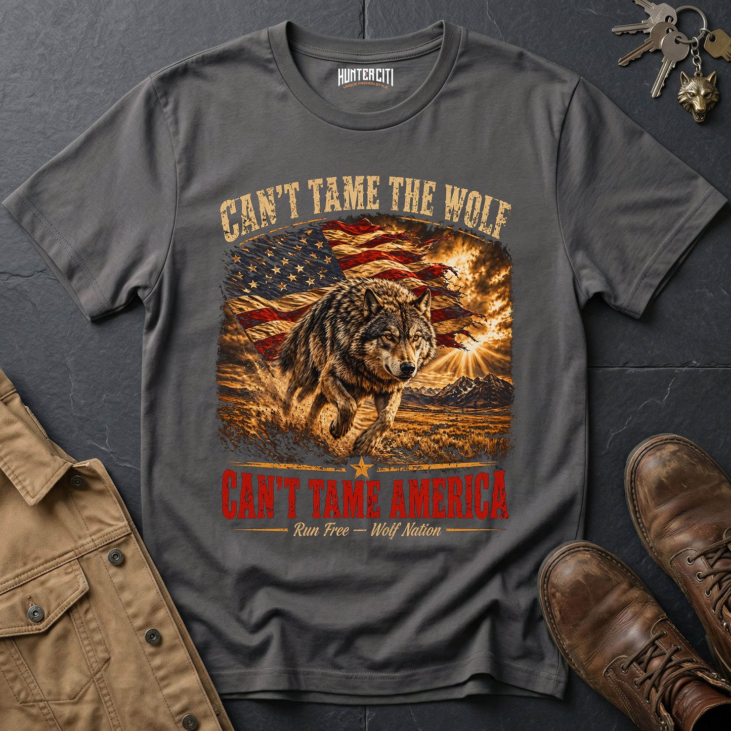 Can't Tame the Wolf Can't Tame America T-Shirt — Patriotic Running Wolf Graphic Tee USA Freedom Gift for Men