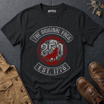 The Original Pack Est 1776 Minimal Wolf T-Shirt - America 250 Anniversary Wolf Badge Graphic Tee USA Gift