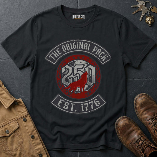 The Original Pack Est 1776 Minimal Wolf T-Shirt - America 250 Anniversary Wolf Badge Graphic Tee USA Gift