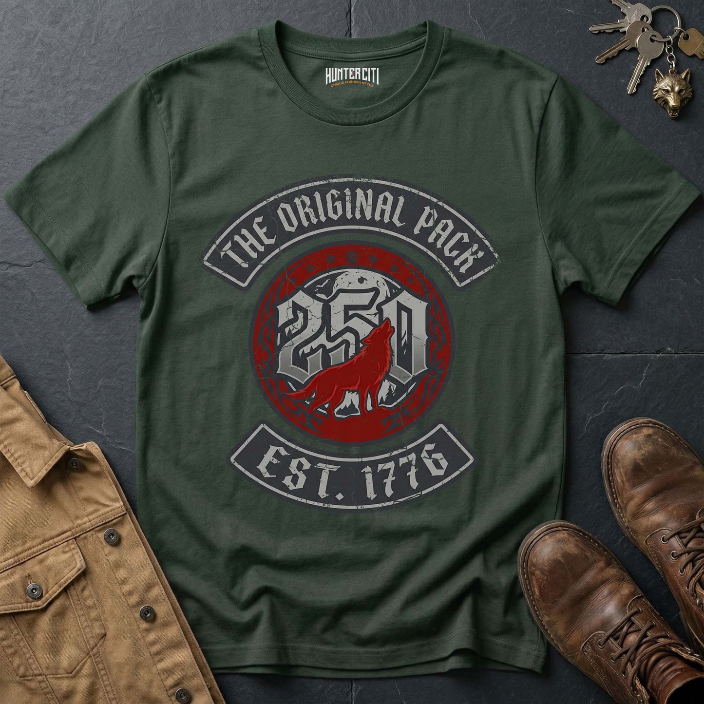 The Original Pack Est 1776 Minimal Wolf T-Shirt - America 250 Anniversary Wolf Badge Graphic Tee USA Gift