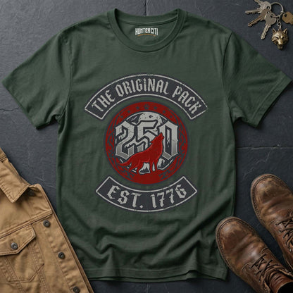 The Original Pack Est 1776 Minimal Wolf T-Shirt - America 250 Anniversary Wolf Badge Graphic Tee USA Gift
