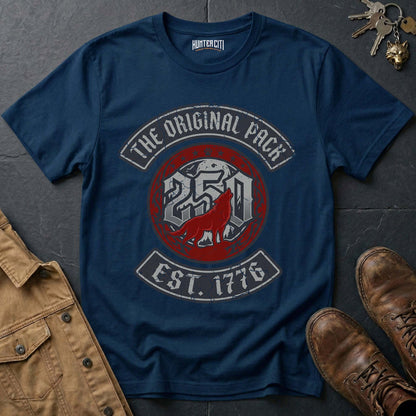 The Original Pack Est 1776 Minimal Wolf T-Shirt - America 250 Anniversary Wolf Badge Graphic Tee USA Gift