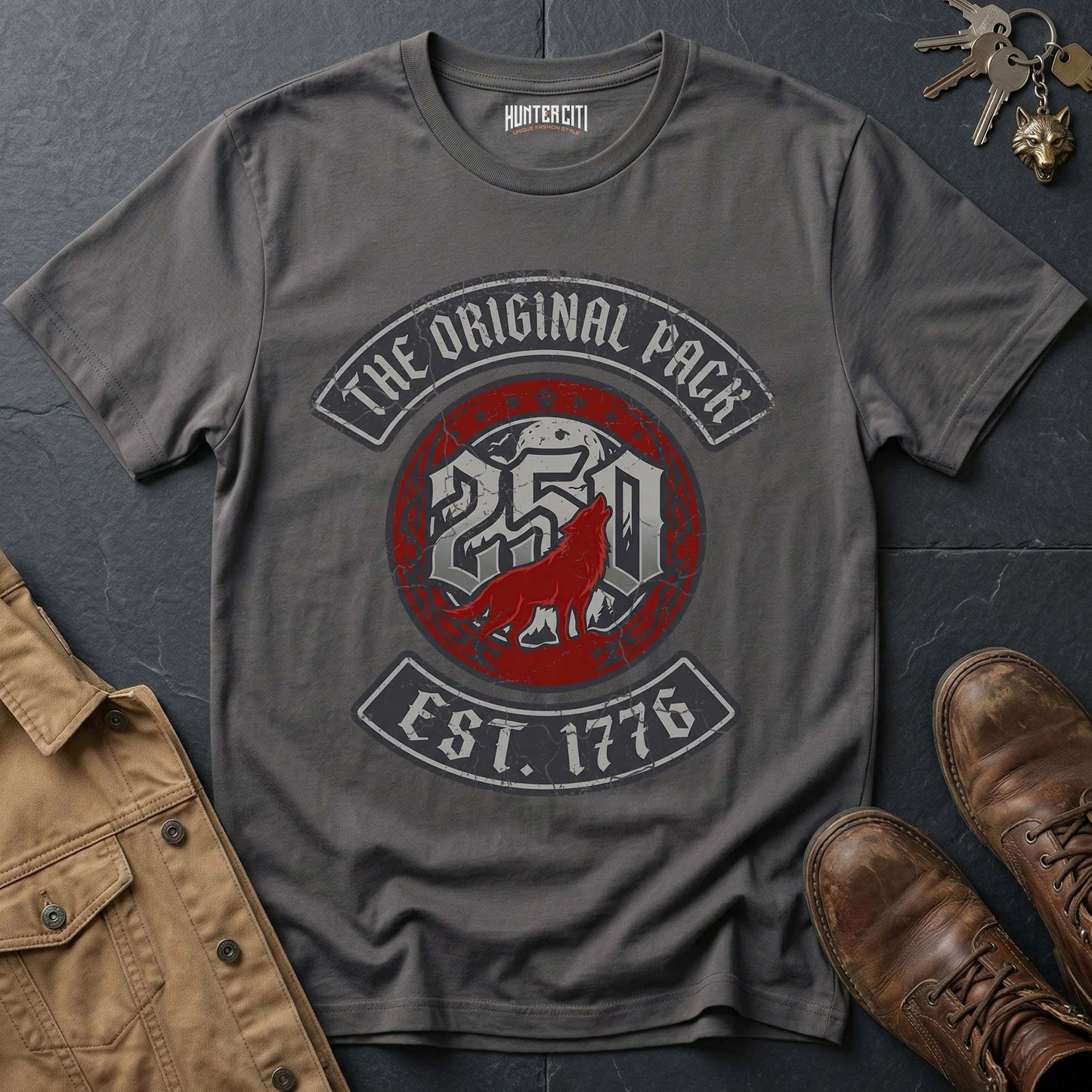 The Original Pack Est 1776 Minimal Wolf T-Shirt - America 250 Anniversary Wolf Badge Graphic Tee USA Gift