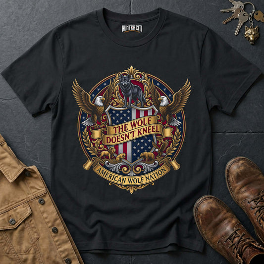 The Wolf Doesn't Kneel American Wolf Nation T-Shirt - Royal Crest Eagle Shield America 250 Anniversary Patriotic Tee USA