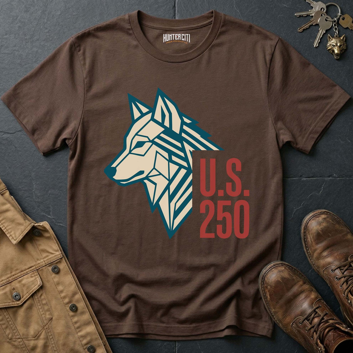 US 250 Wolf T-Shirt - America 250th Anniversary Geometric Wolf Minimalist Patriotic Graphic Tee USA Gift
