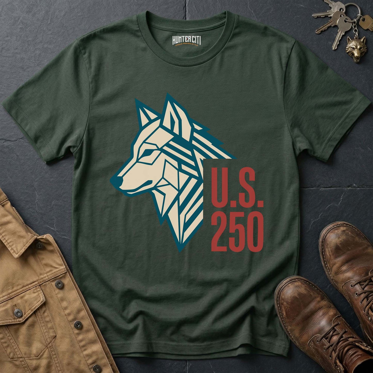 US 250 Wolf T-Shirt - America 250th Anniversary Geometric Wolf Minimalist Patriotic Graphic Tee USA Gift