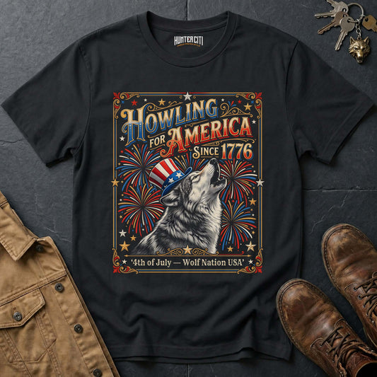Howling for America Since 1776 T-Shirt - 4th of July Wolf Nation USA 250th Anniversary Fireworks Patriotic Tee Gift