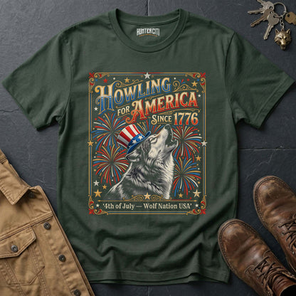 Howling for America Since 1776 T-Shirt - 4th of July Wolf Nation USA 250th Anniversary Fireworks Patriotic Tee Gift