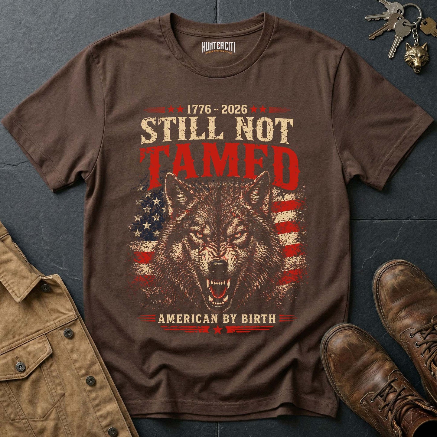 1776 2026 Still Not Tamed American by Birth T-Shirt - America 250 Anniversary Snarling Wolf Patriotic Graphic Tee USA
