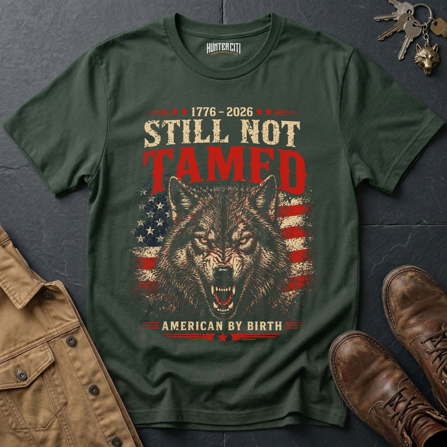 1776 2026 Still Not Tamed American by Birth T-Shirt - America 250 Anniversary Snarling Wolf Patriotic Graphic Tee USA