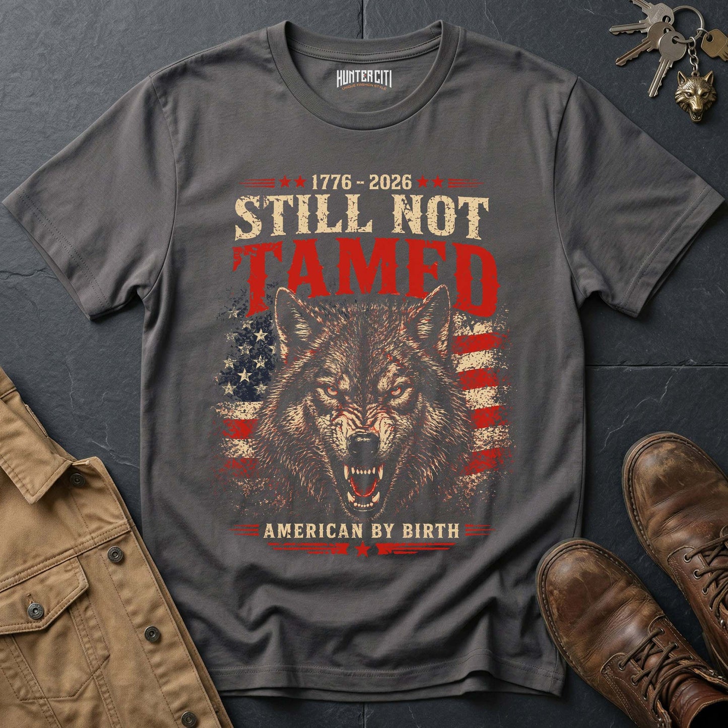 1776 2026 Still Not Tamed American by Birth T-Shirt - America 250 Anniversary Snarling Wolf Patriotic Graphic Tee USA