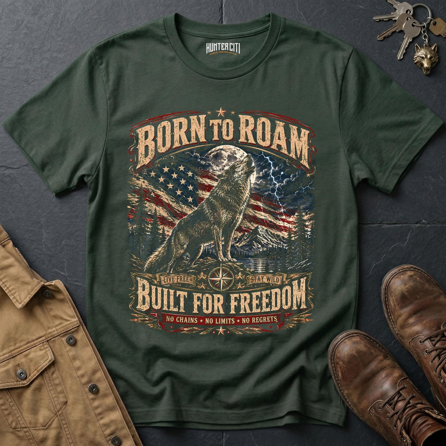 Born to Roam Built for Freedom Wolf T-Shirt — Live Free Stay Wild Tee