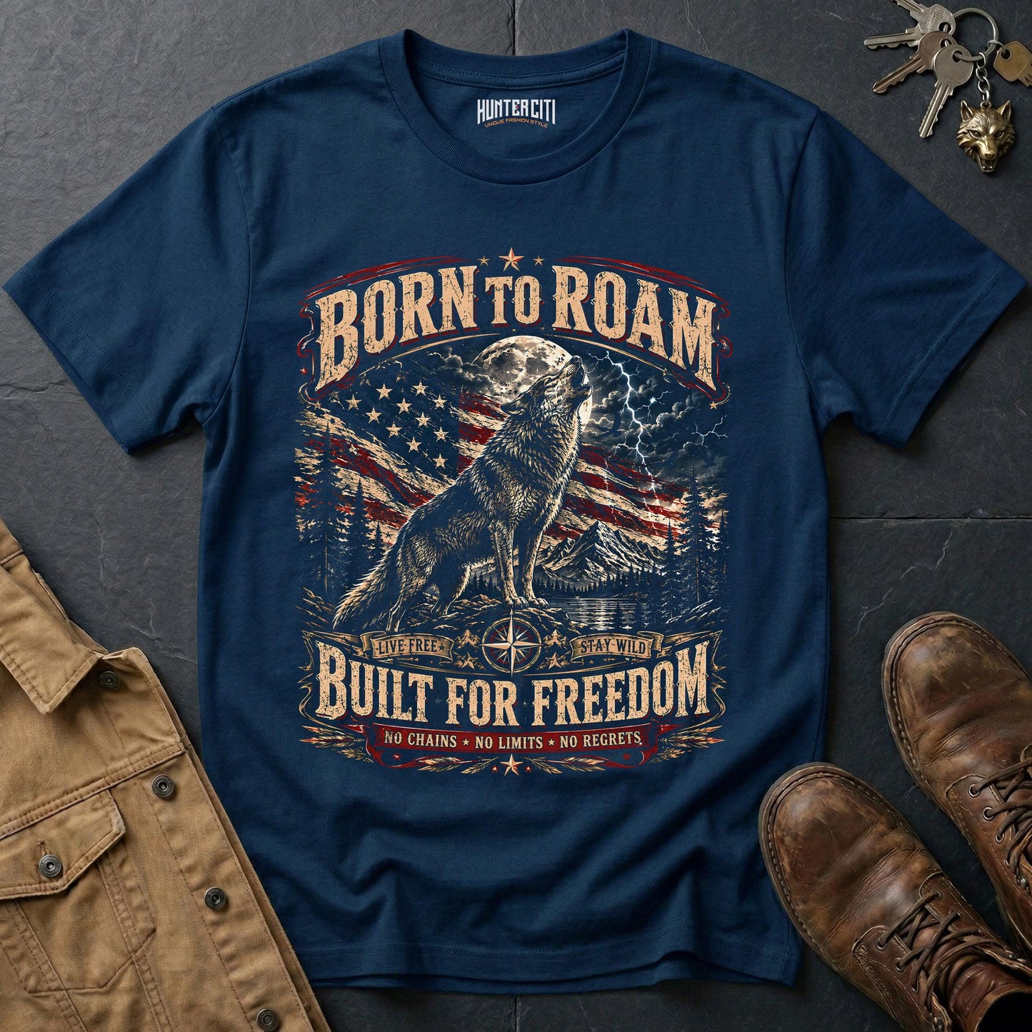 Born to Roam Built for Freedom Wolf T-Shirt — Live Free Stay Wild Tee