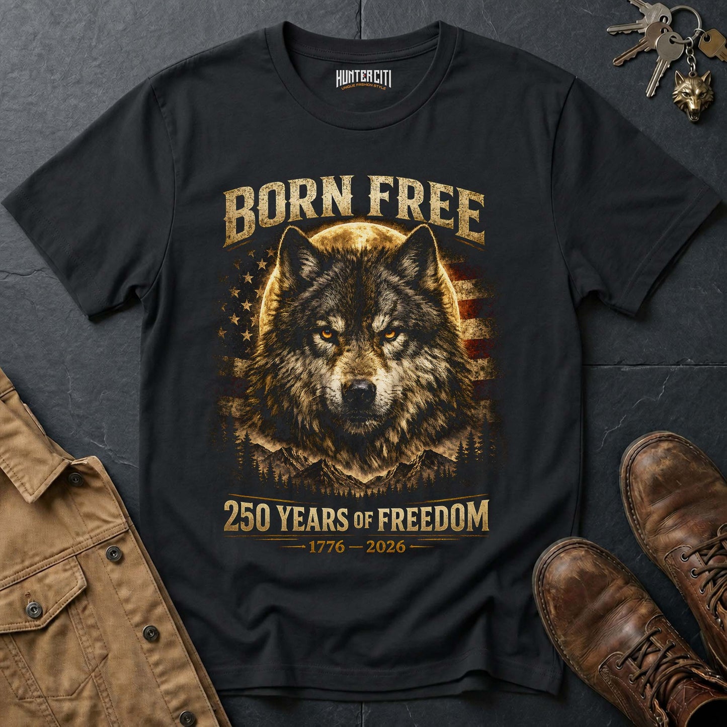Born Free 250 Years of Freedom T-Shirt - America 1776 2026 Patriotic Wolf Anniversary Graphic Tee USA Gift for Men