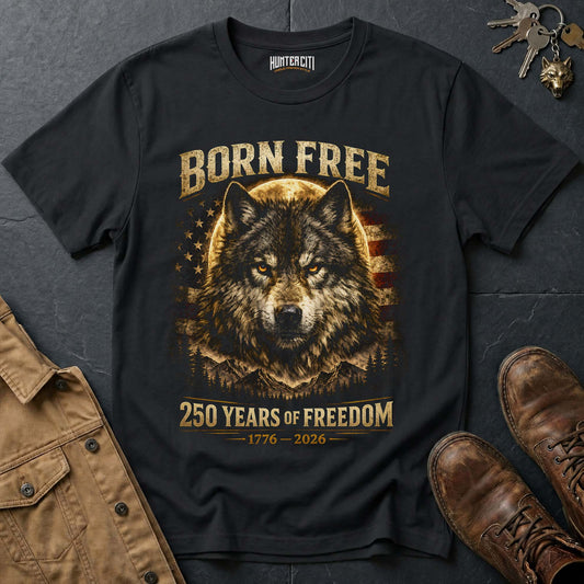 Born Free 250 Years of Freedom T-Shirt - America 1776 2026 Patriotic Wolf Anniversary Graphic Tee USA Gift for Men