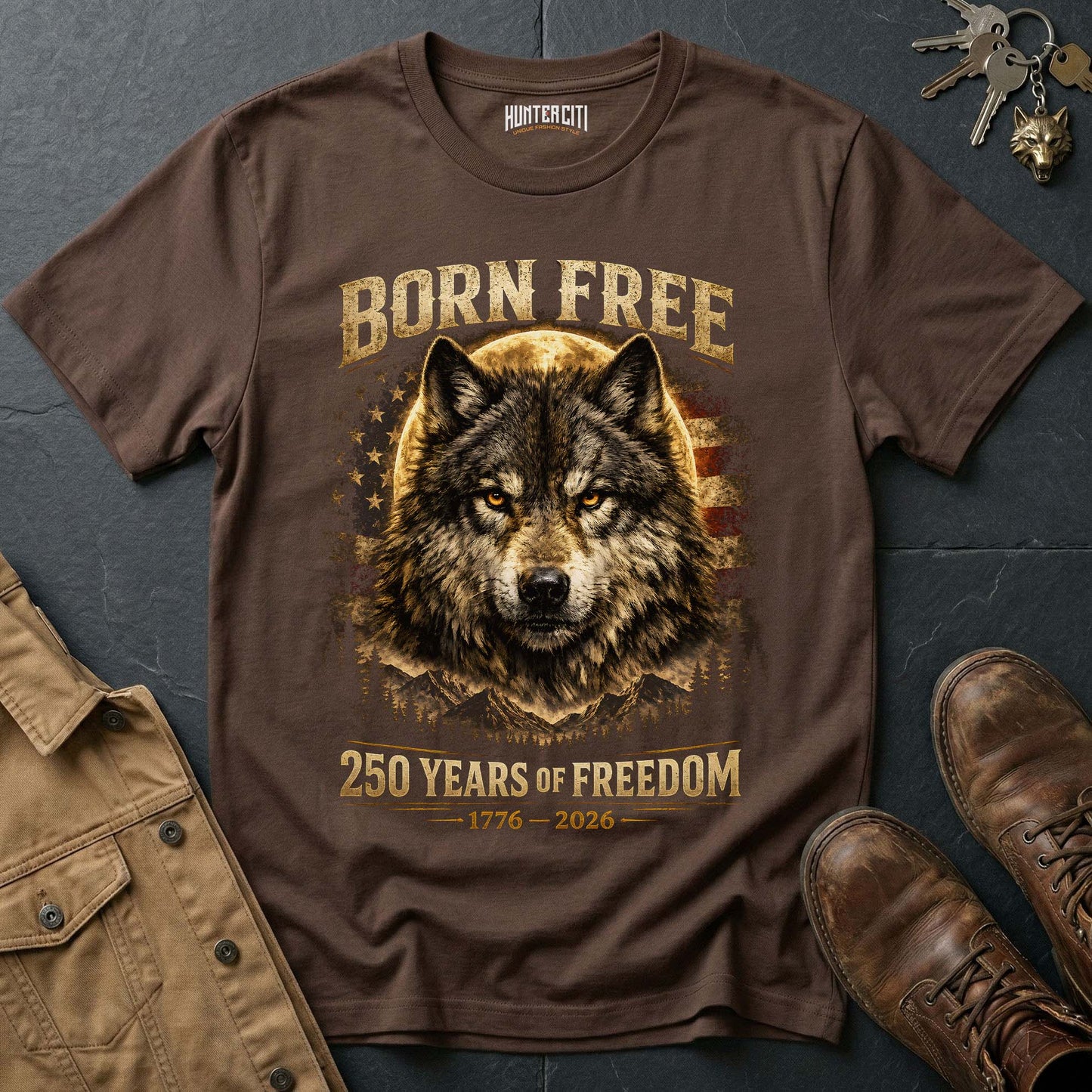Born Free 250 Years of Freedom T-Shirt - America 1776 2026 Patriotic Wolf Anniversary Graphic Tee USA Gift for Men