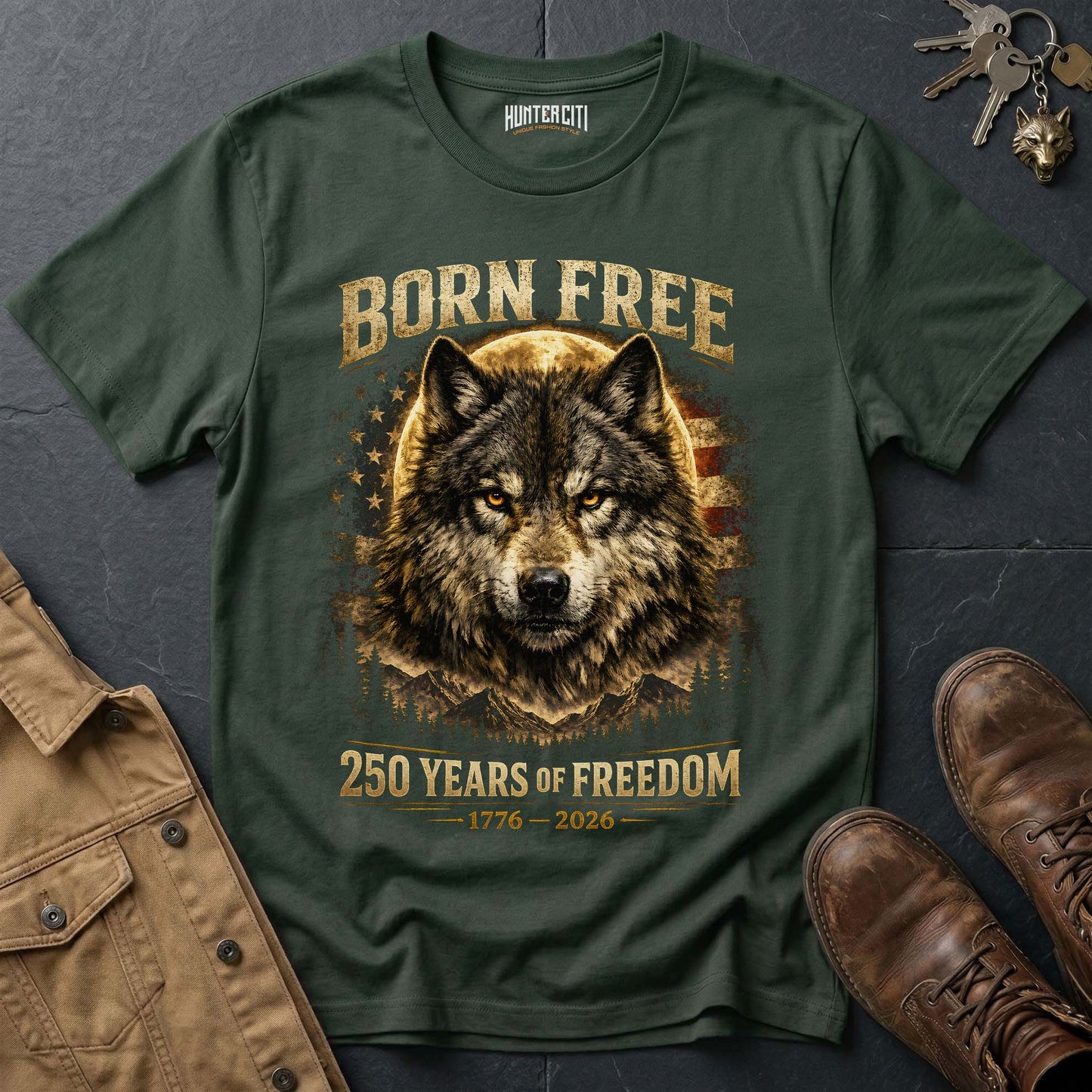 Born Free 250 Years of Freedom T-Shirt - America 1776 2026 Patriotic Wolf Anniversary Graphic Tee USA Gift for Men