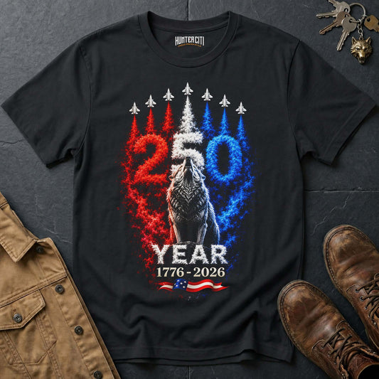 250 Year Airshow American Wolf T-Shirt - 250th Anniversary USA Patriotic 4th of July 1776 2026 Howling Wolf Graphic Tee Gift for Men
