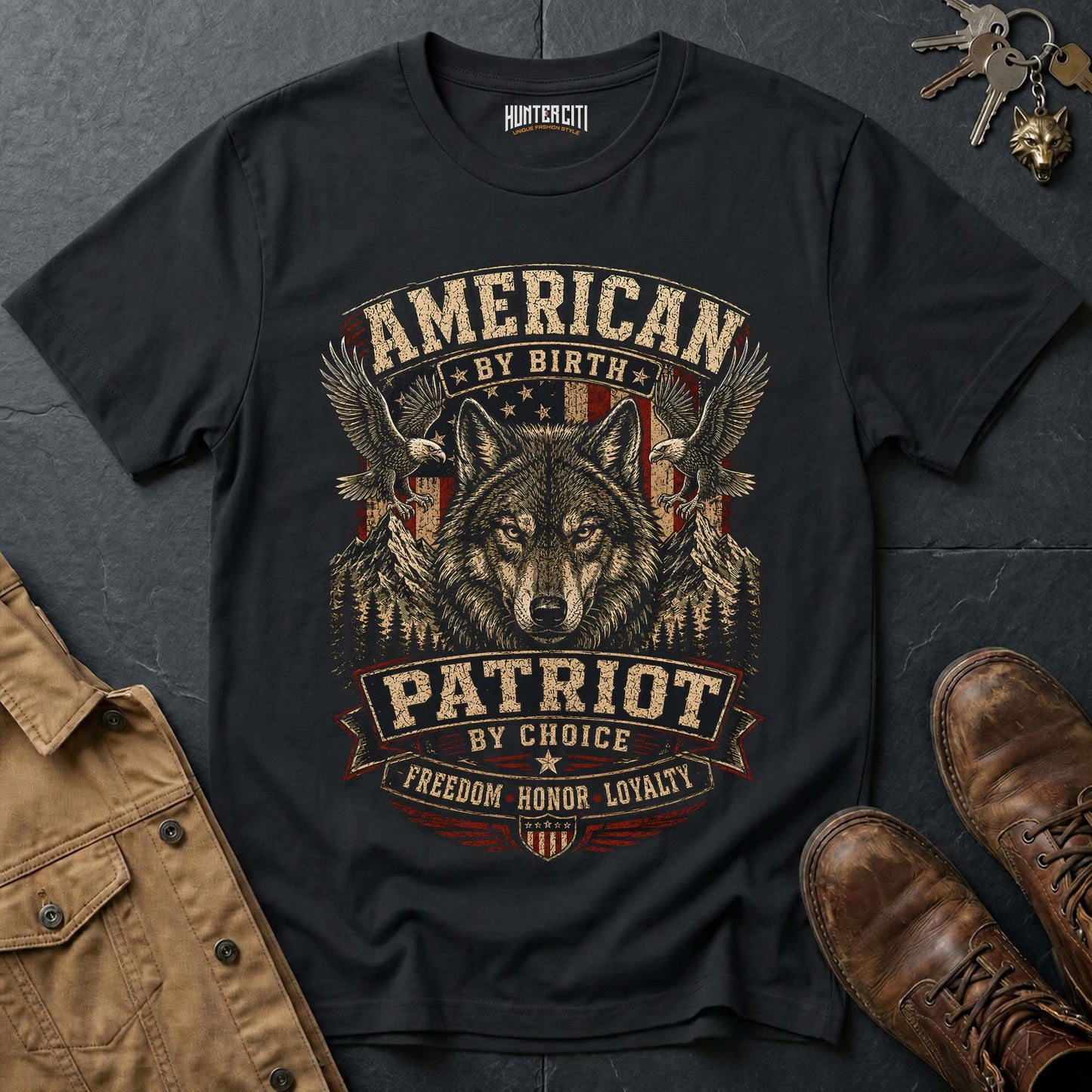 American by Birth Patriot by Choice Wolf T-Shirt -  Freedom Honor Loyalty Tee