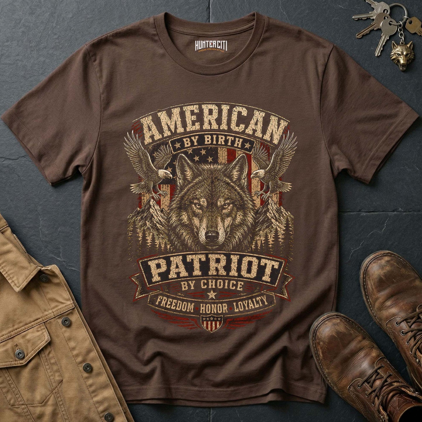 American by Birth Patriot by Choice Wolf T-Shirt -  Freedom Honor Loyalty Tee