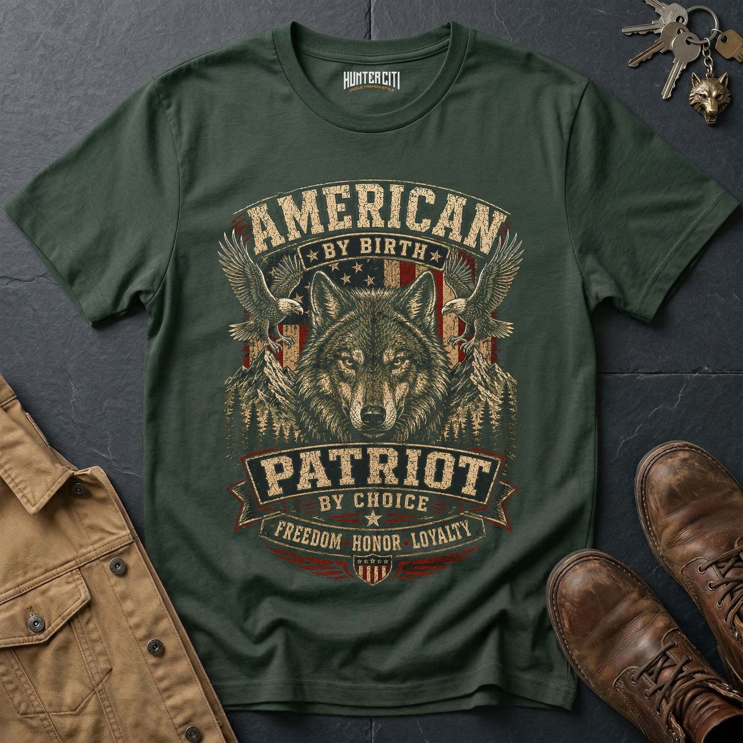 American by Birth Patriot by Choice Wolf T-Shirt -  Freedom Honor Loyalty Tee