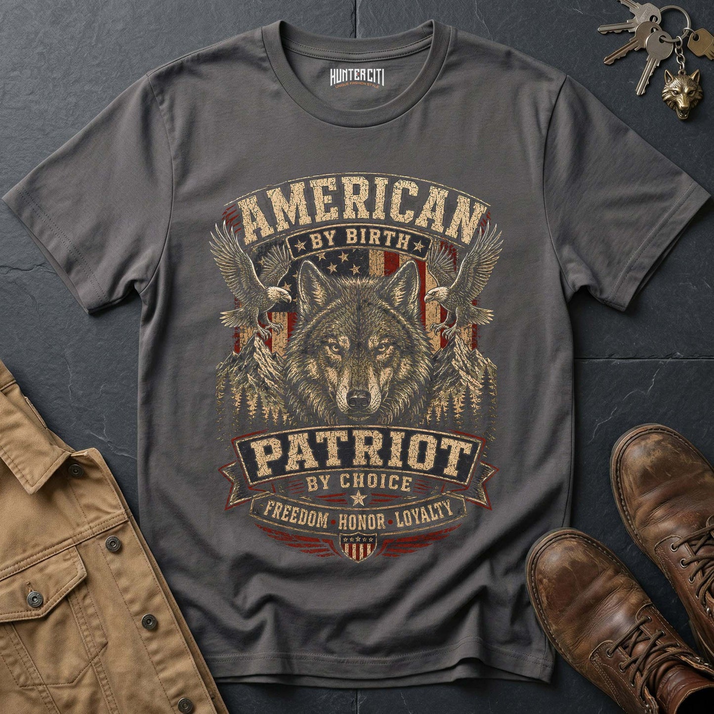 American by Birth Patriot by Choice Wolf T-Shirt -  Freedom Honor Loyalty Tee