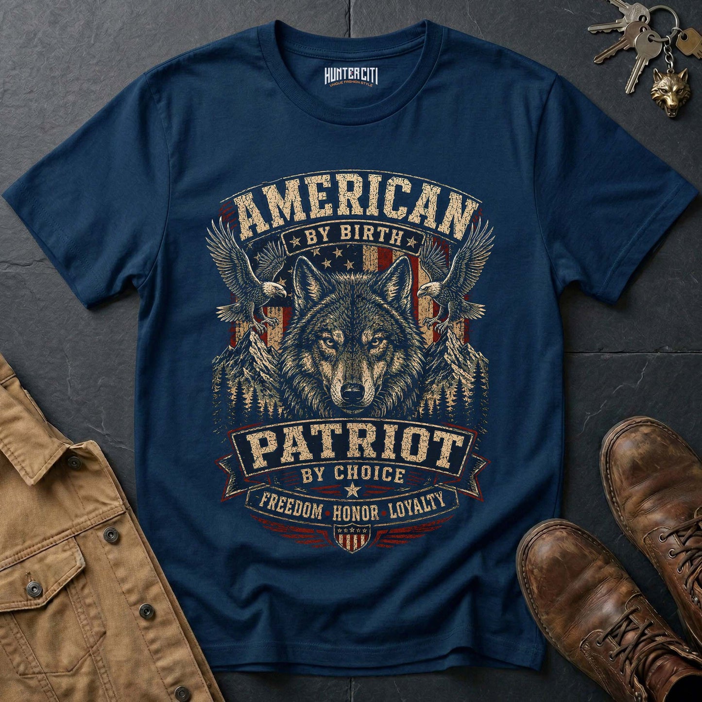 American by Birth Patriot by Choice Wolf T-Shirt -  Freedom Honor Loyalty Tee