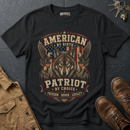 American by Birth Patriot by Choice Wolf T-Shirt - Premium Shield Tee