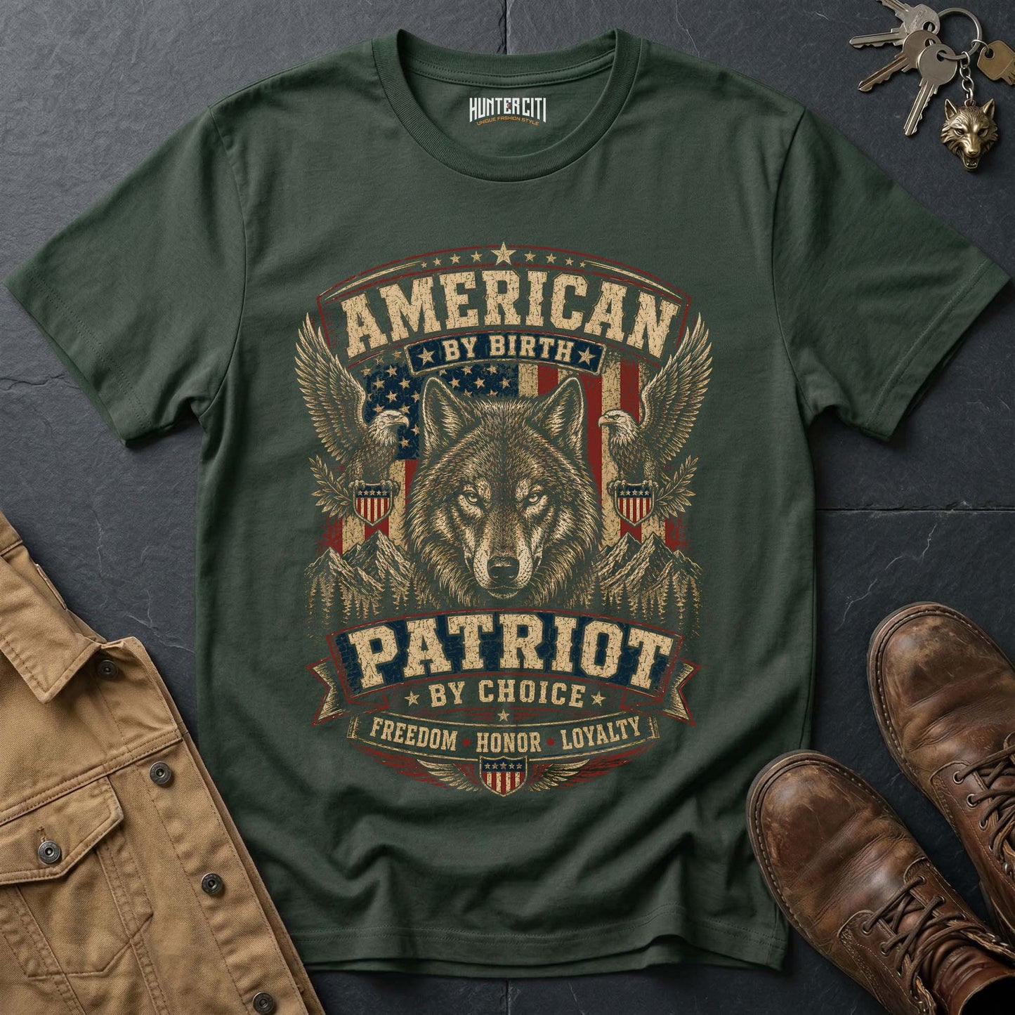 American by Birth Patriot by Choice Wolf T-Shirt - Premium Shield Tee