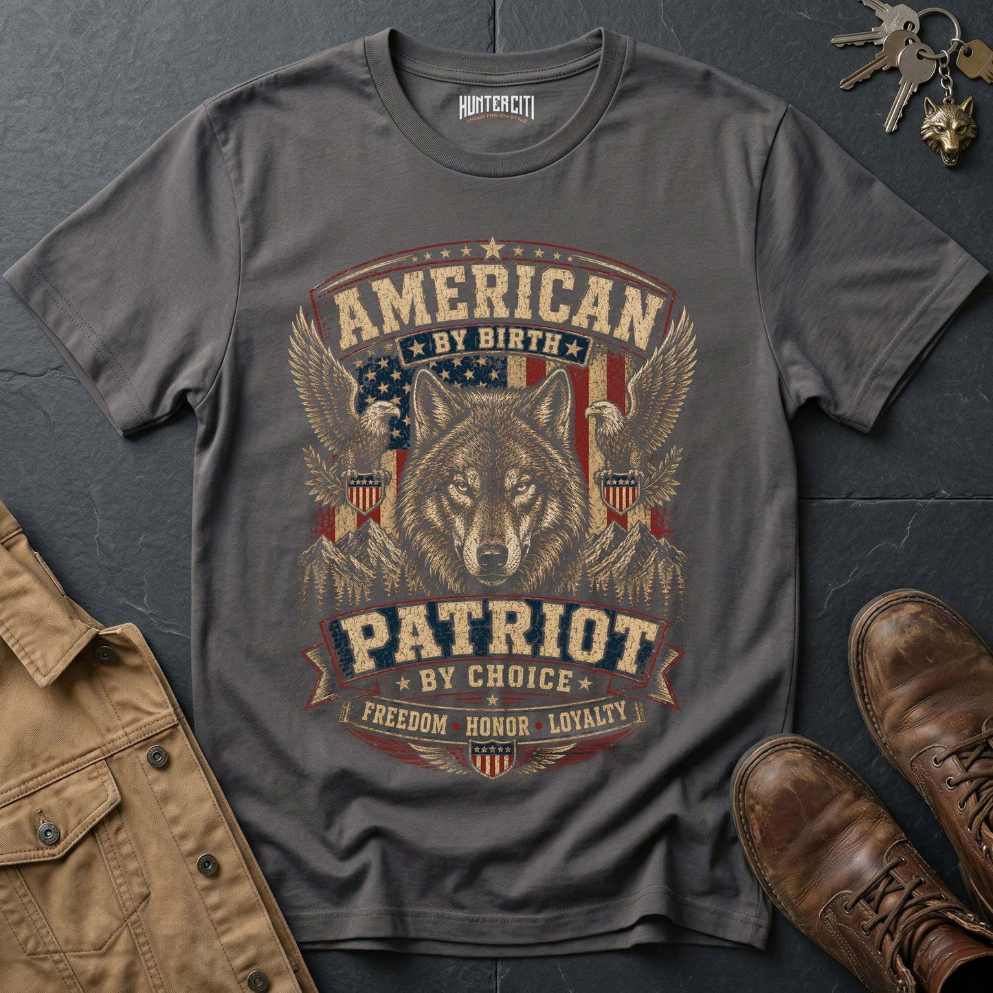 American by Birth Patriot by Choice Wolf T-Shirt - Premium Shield Tee