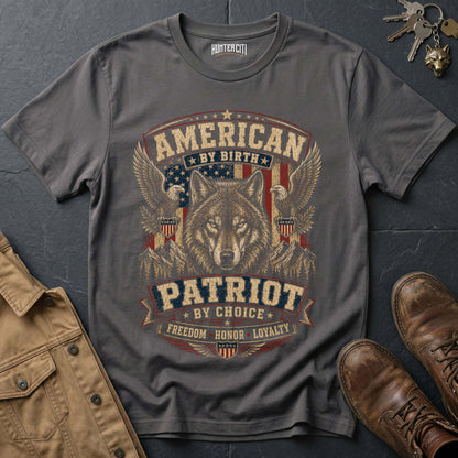 American by Birth Patriot by Choice Wolf T-Shirt - Premium Shield Tee