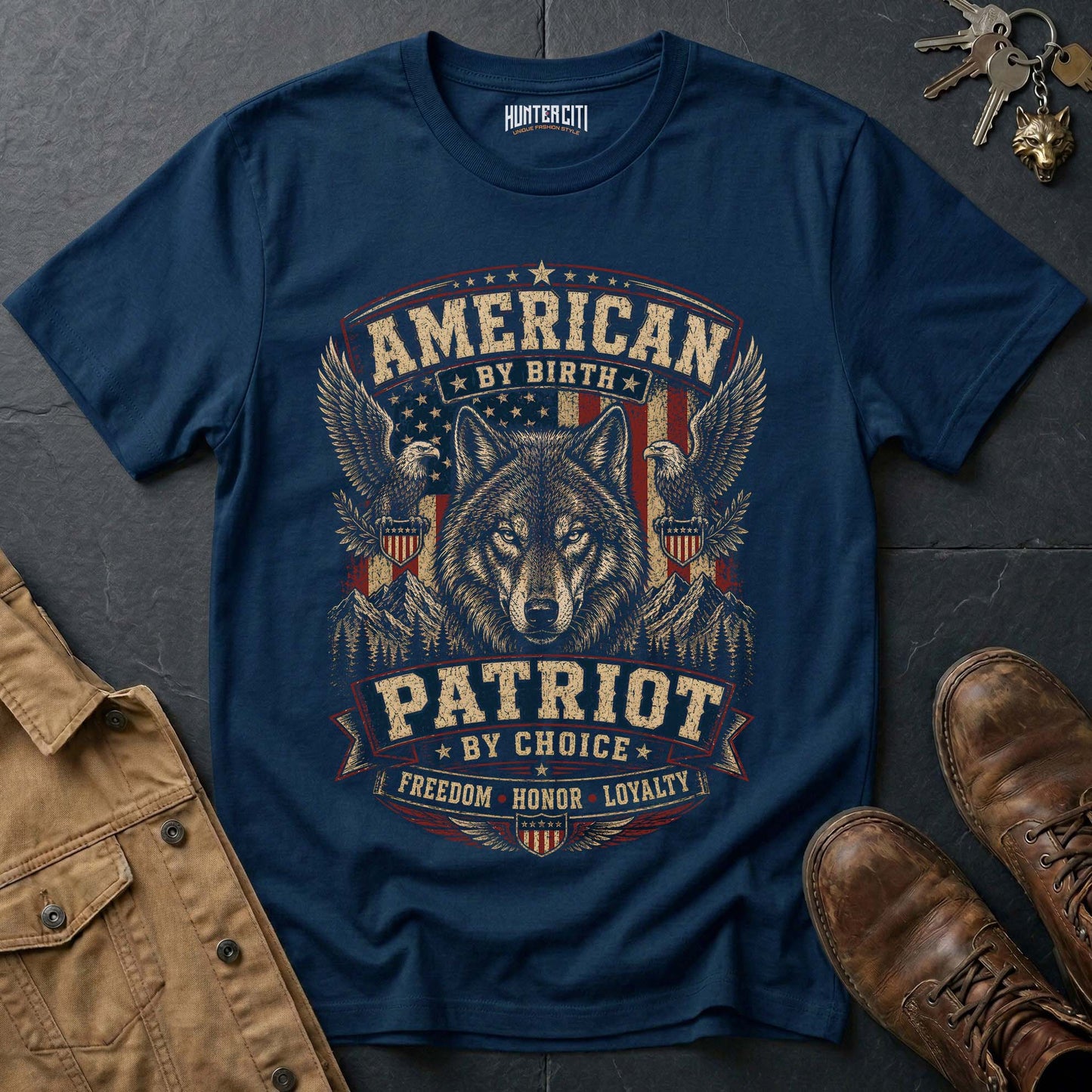 American by Birth Patriot by Choice Wolf T-Shirt - Premium Shield Tee