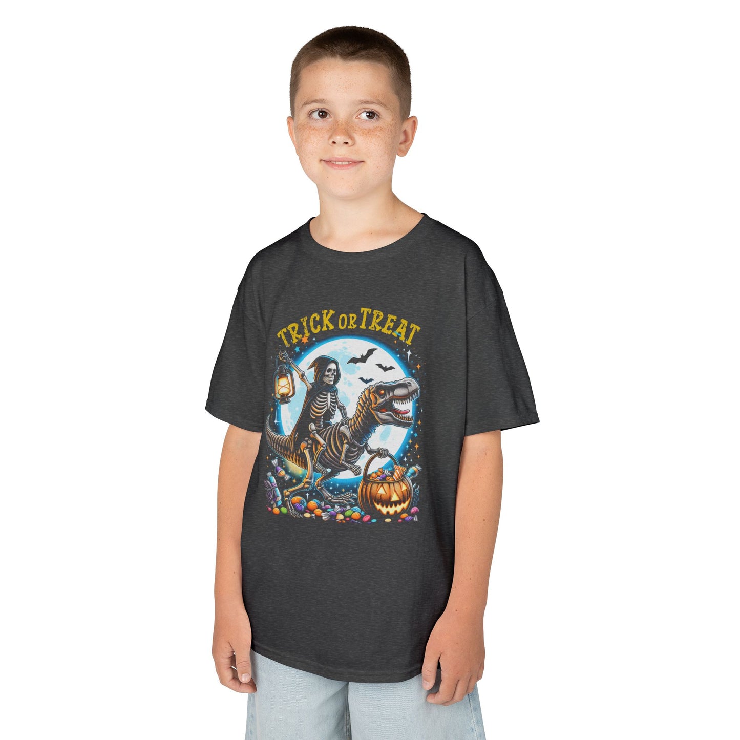 Skeleton Riding Mummy Dinosaur T Rex Halloween Funny Pumpkin Kids T-Shirt - Cute Dinosaur Skeleton Halloween Shirt for Boys & Girls
