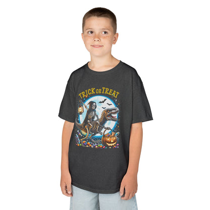Skeleton Riding Mummy Dinosaur T Rex Halloween Funny Pumpkin Kids T-Shirt - Cute Dinosaur Skeleton Halloween Shirt for Boys & Girls