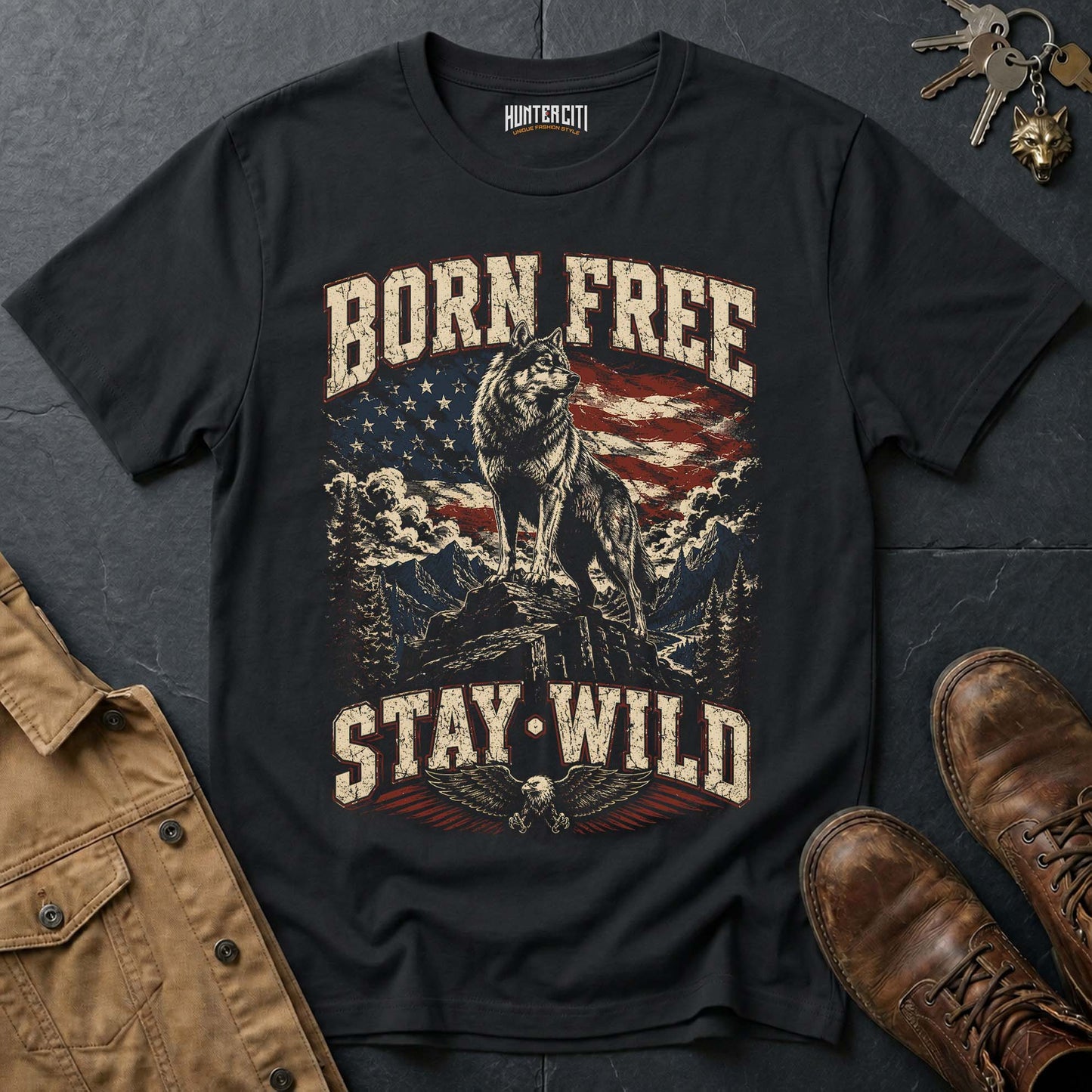 Born Free Stay Wild Wolf T-Shirt - Patriotic Freedom Graphic Tee