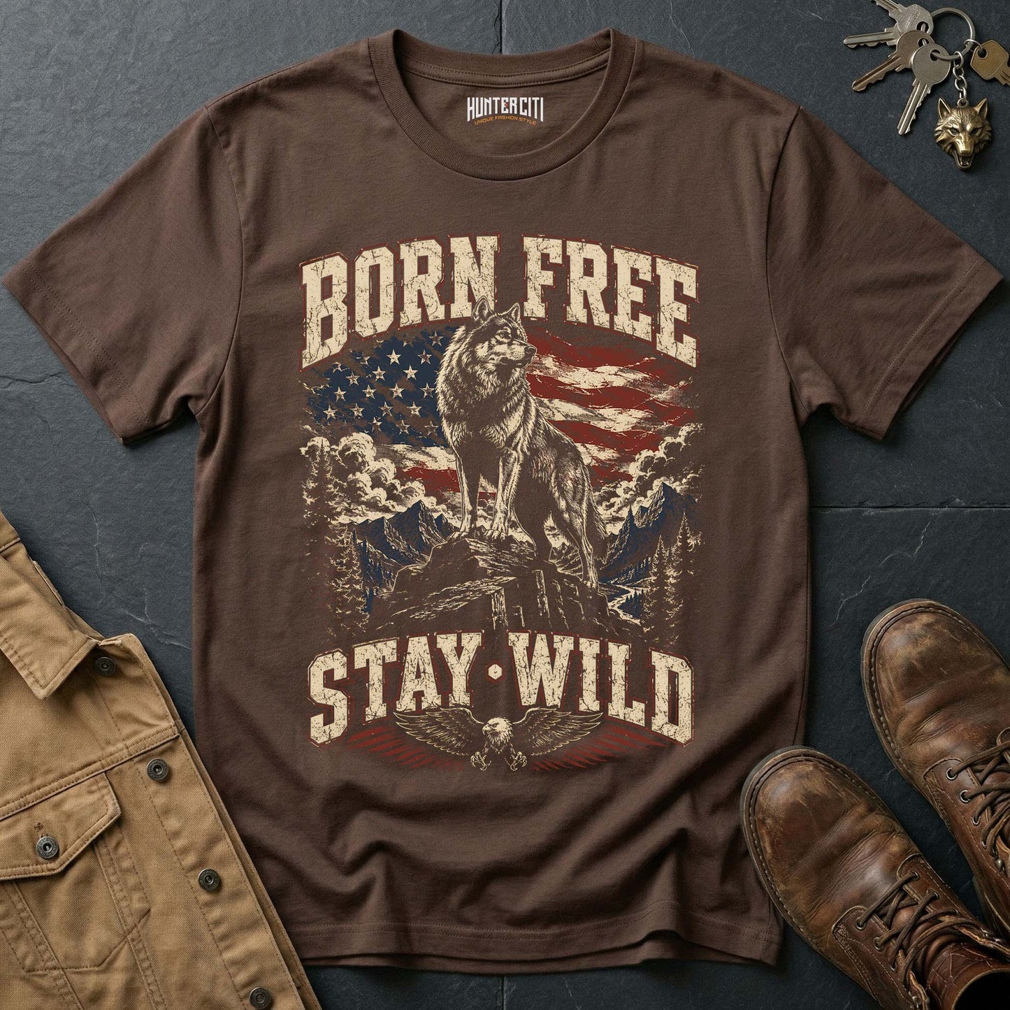 Born Free Stay Wild Wolf T-Shirt - Patriotic Freedom Graphic Tee