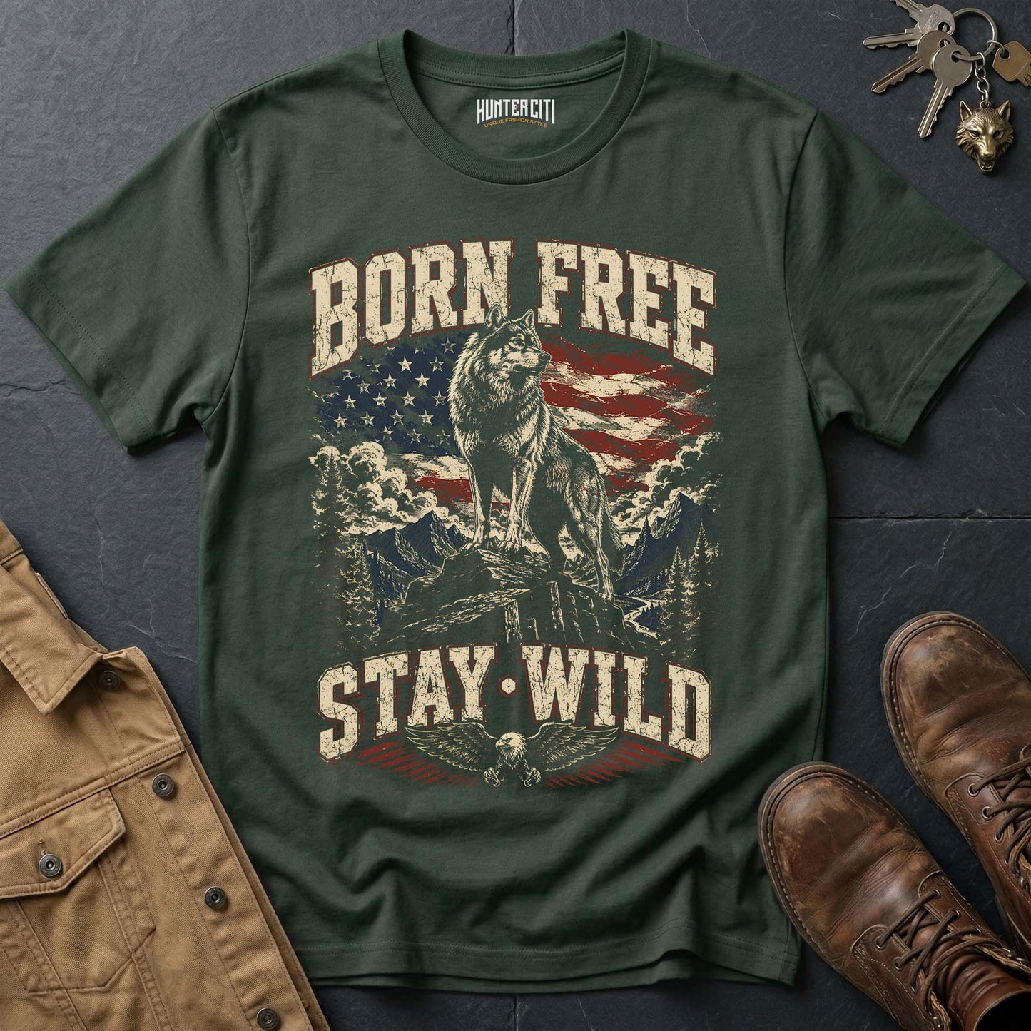 Born Free Stay Wild Wolf T-Shirt - Patriotic Freedom Graphic Tee