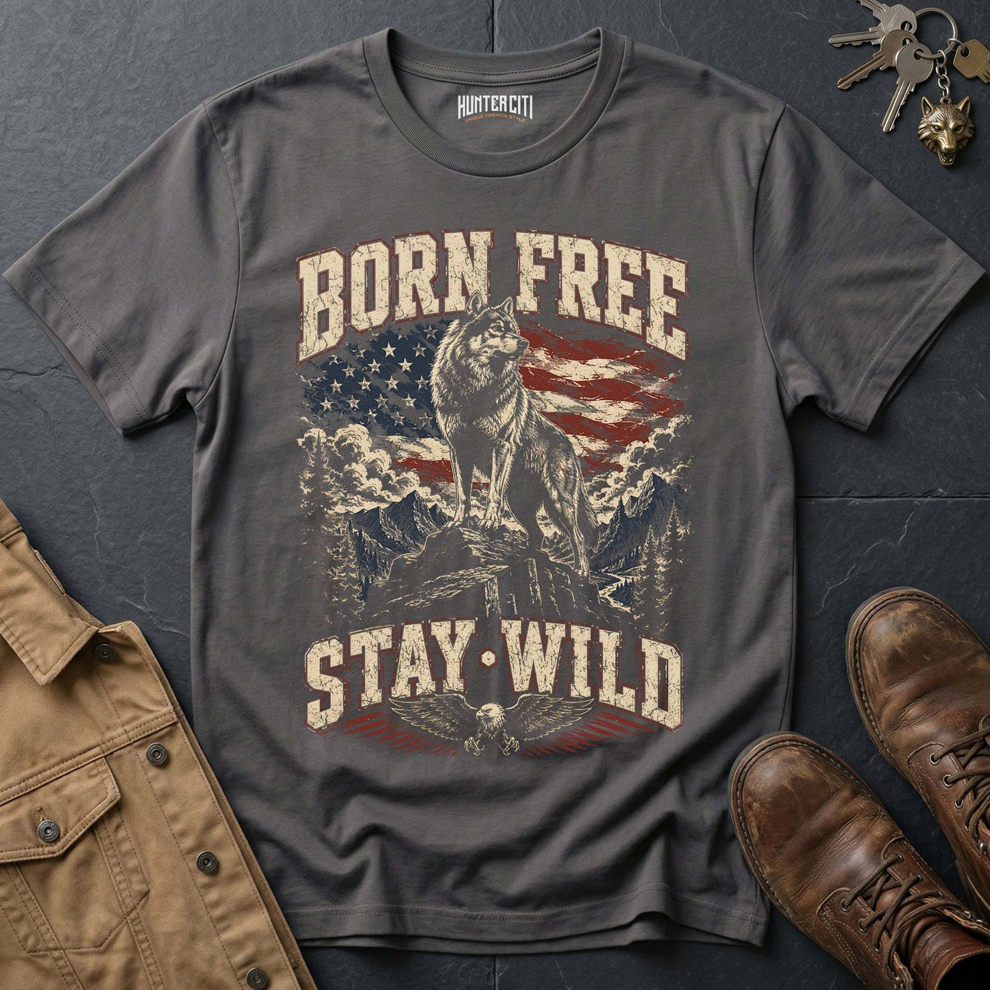Born Free Stay Wild Wolf T-Shirt - Patriotic Freedom Graphic Tee