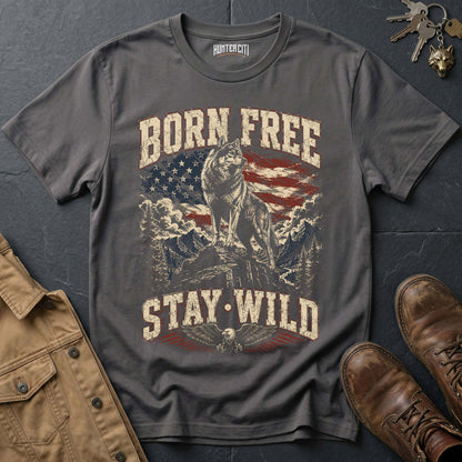 Born Free Stay Wild Wolf T-Shirt - Patriotic Freedom Graphic Tee