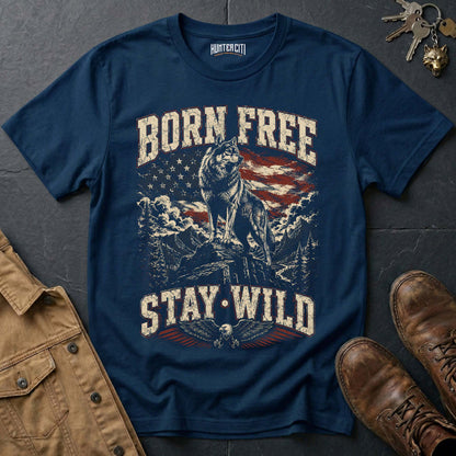 Born Free Stay Wild Wolf T-Shirt - Patriotic Freedom Graphic Tee