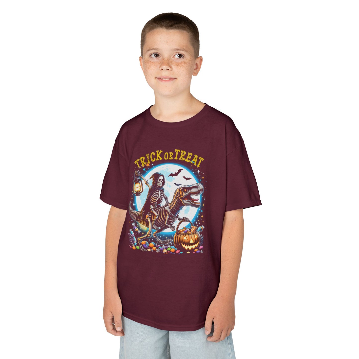 Skeleton Riding Mummy Dinosaur T Rex Halloween Funny Pumpkin Kids T-Shirt - Cute Dinosaur Skeleton Halloween Shirt for Boys & Girls