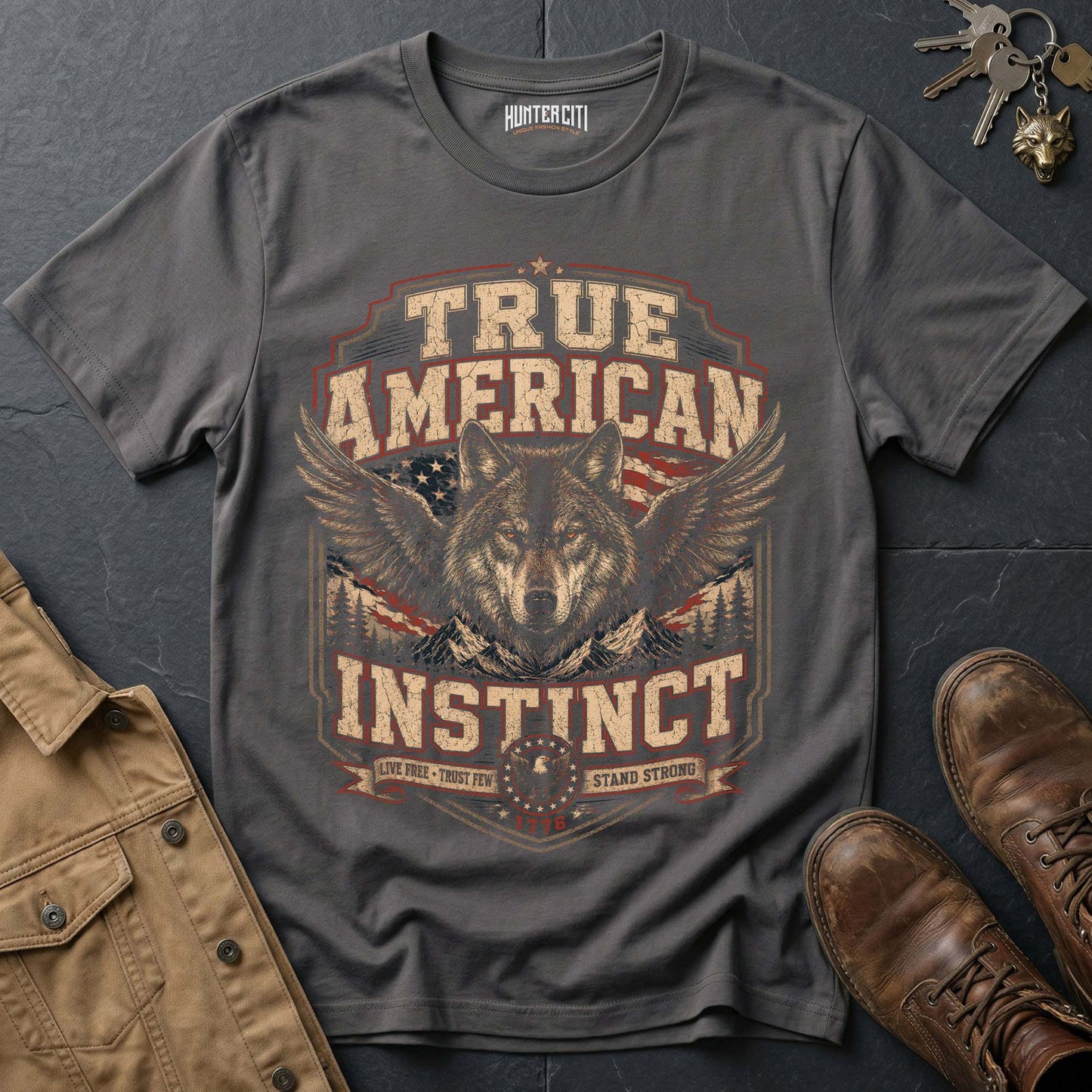 True American Instinct 1776 Wolf T-Shirt - Patriotic Heritage Tee