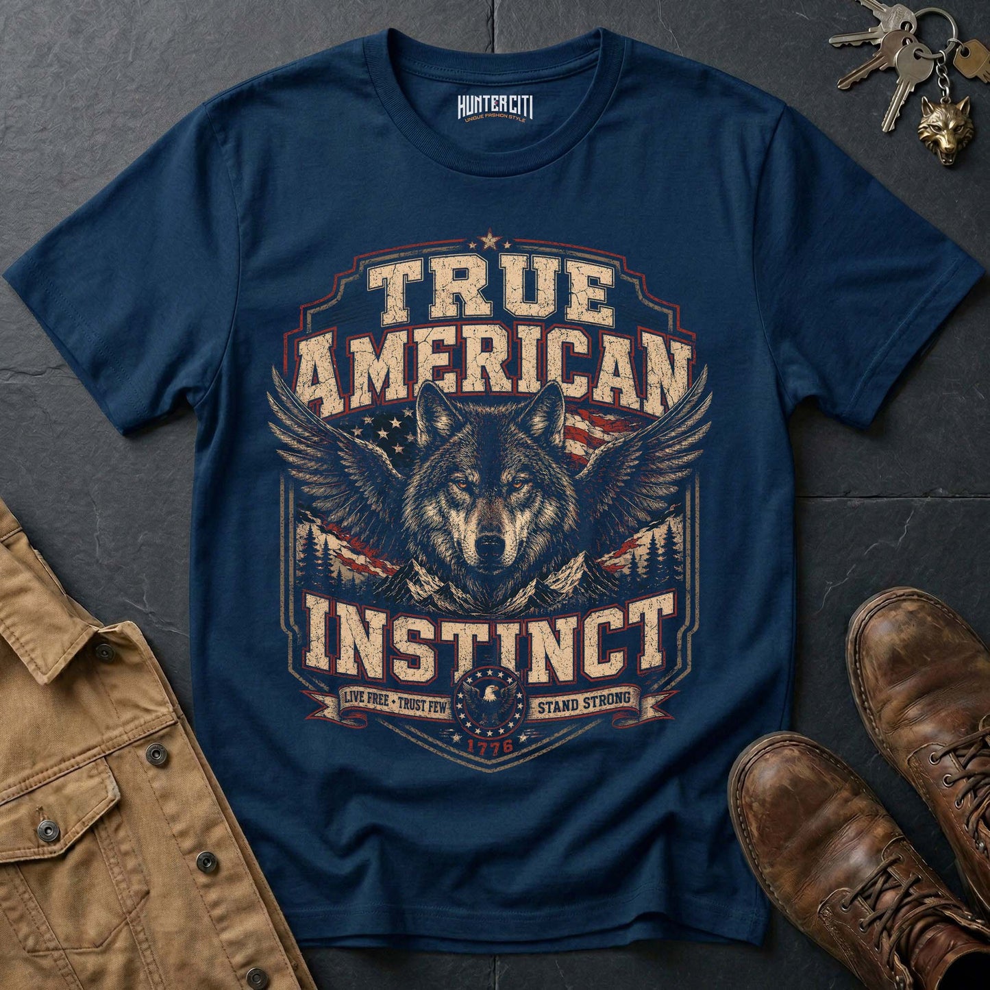 True American Instinct 1776 Wolf T-Shirt - Patriotic Heritage Tee