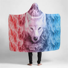 Load image into Gallery viewer, Fire and Ice Wolf with Roses Large Hooded Sherpa Blanket 60x80
