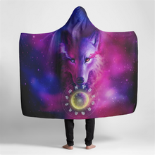 Load image into Gallery viewer, Zodiac Wolf Large Hooded Sherpa Blanket 60x80 - Mystical Pink and Purple Galaxy Throw Blanket
