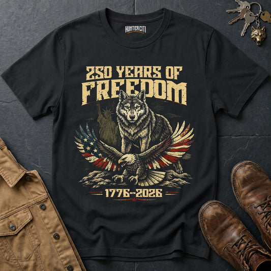 250 Years of Freedom T-Shirt Wolf Eagle Statue of Liberty 1776 2026 America Anniversary Patriotic Graphic Tee USA