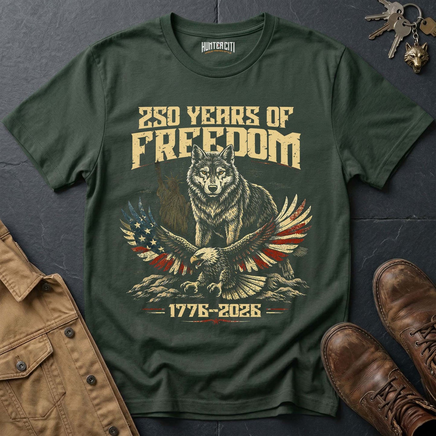 250 Years of Freedom T-Shirt Wolf Eagle Statue of Liberty 1776 2026 America Anniversary Patriotic Graphic Tee USA